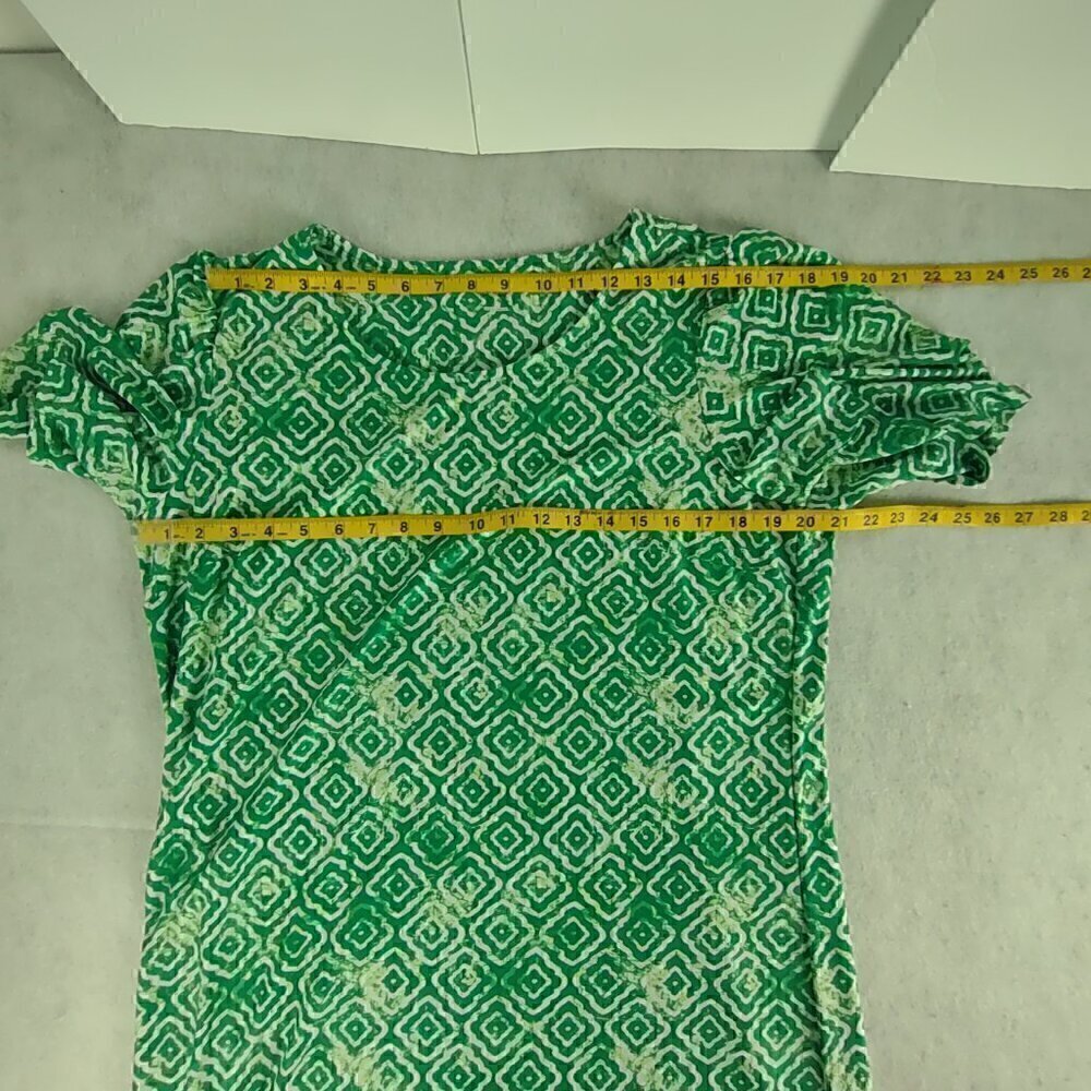 Kim Rogers Green White Geometric Sheath Midi Dress Stretch Elbow Sleeve L - Picture 7 of 10